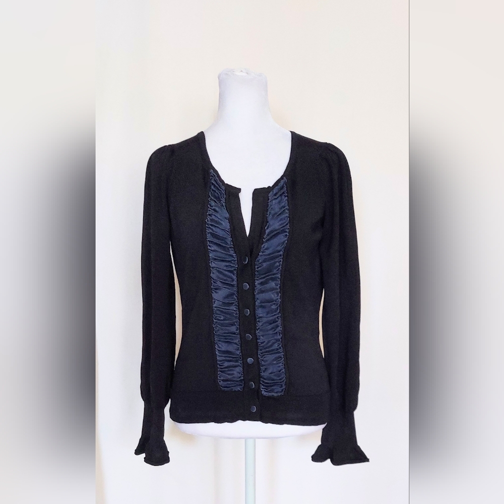 Badgley Mischka Button Front Ruffled Floral Top Shirt Blue Black Womens Medium